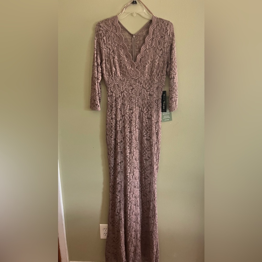 Blu Sage brand formal gown, floor length lace taupe evening gown